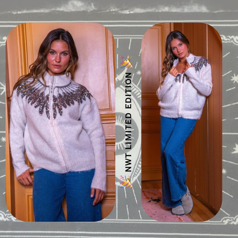 🆕 🎉 cream colored fuzzy soft zip up sweater with sequin embellishments